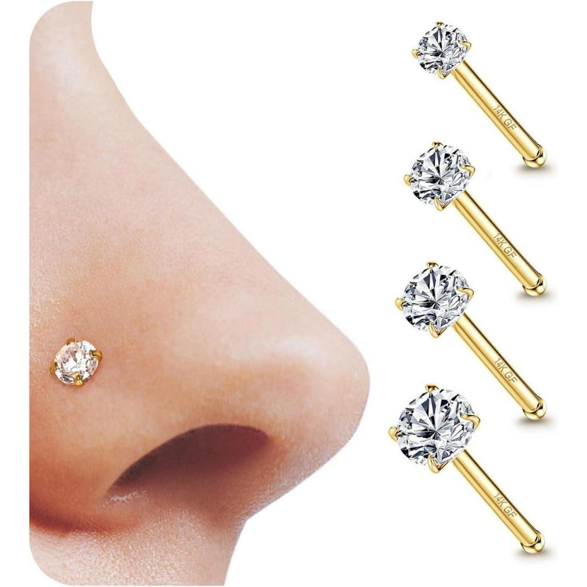 Nasenpiercing Set 4 Stück 14K Gold Zirkonia L-Form Schraube Knochen