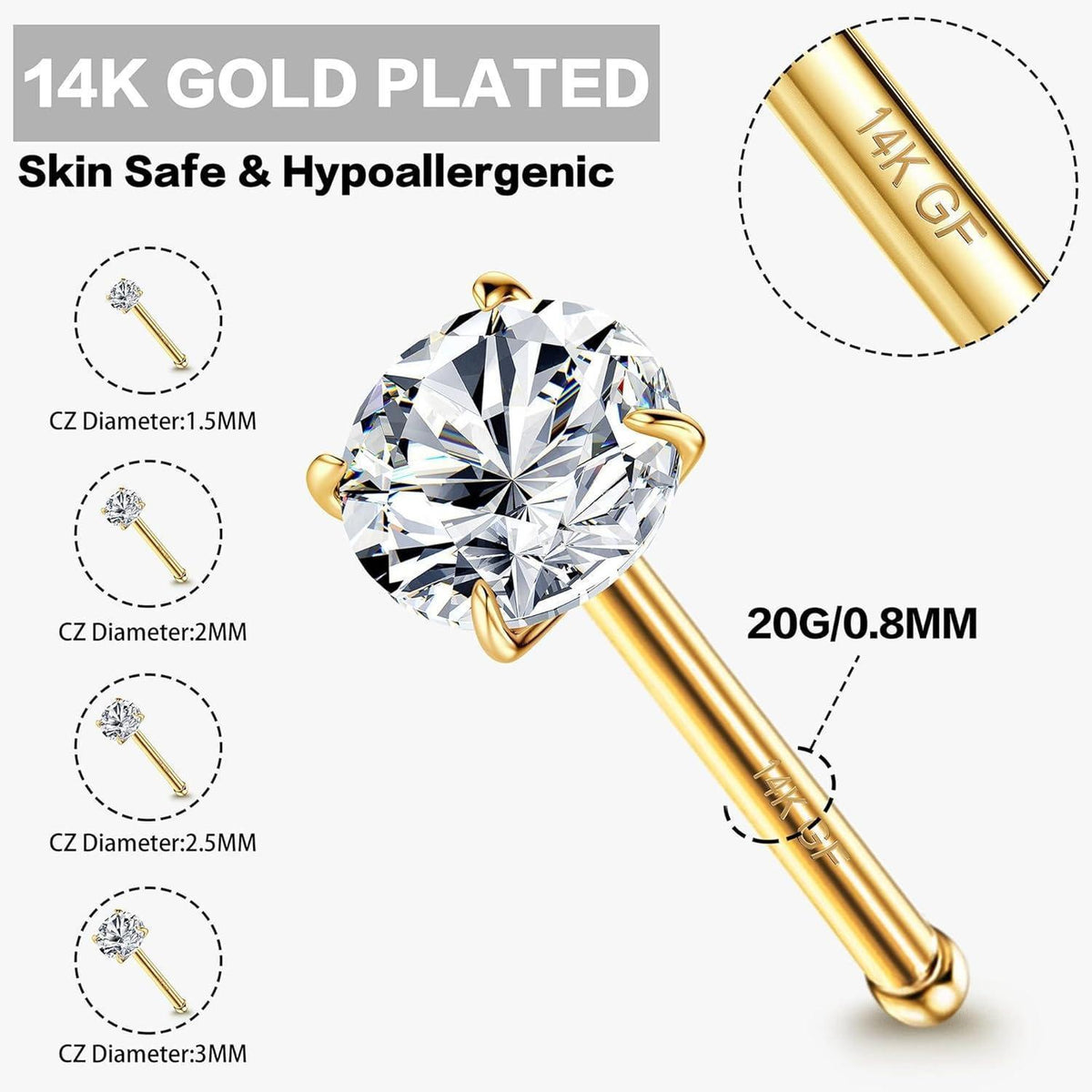 Nasenpiercing Set 4 Stück 14K Gold Zirkonia L-Form Schraube Knochen