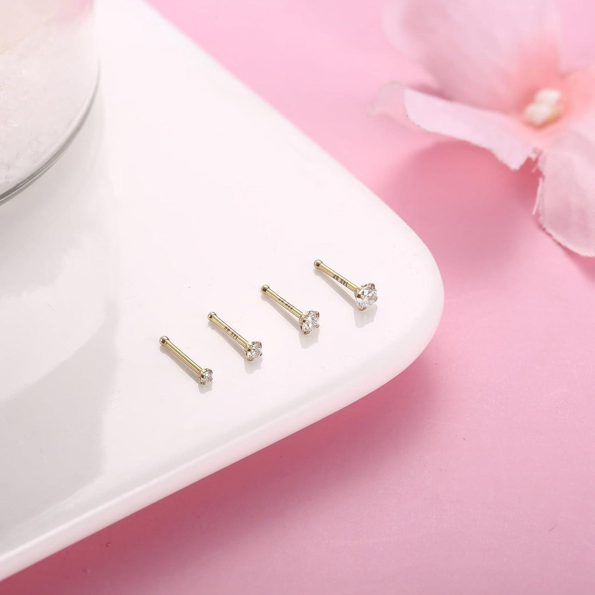 Nasenpiercing Set 4 Stück 14K Gold Zirkonia L-Form Schraube Knochen