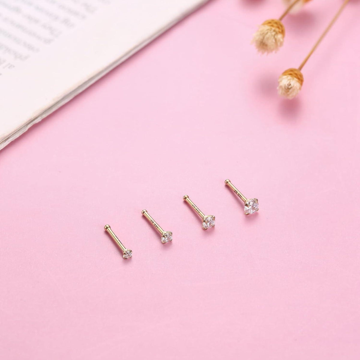 Nasenpiercing Set 4 Stück 14K Gold Zirkonia L-Form Schraube Knochen