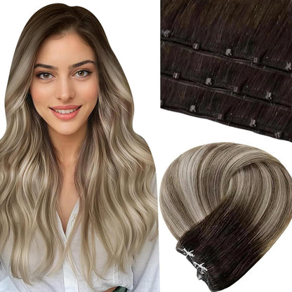 Echthaar Tressen Micro Weft Balayage #3/8/24 Dunkelbraun Ombre 45cm