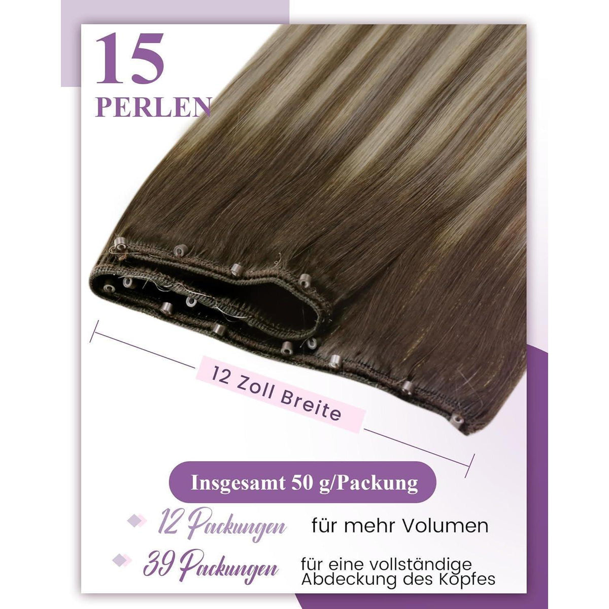 Echthaar Tressen Micro Weft Balayage #3/8/24 Dunkelbraun Ombre 45cm