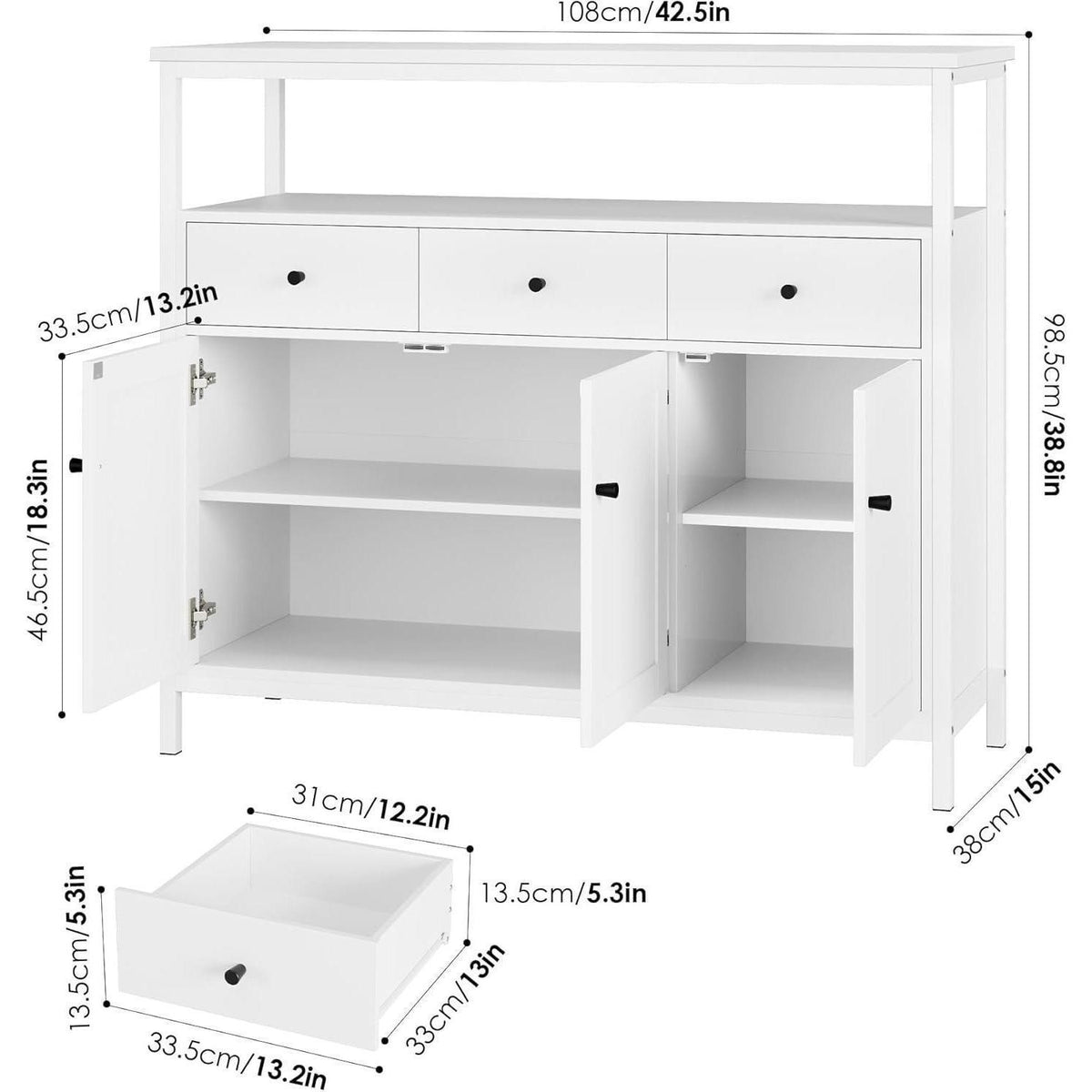 Weißes Sideboard mit 3 Schubladen & 3 Türen – Küchenkommode