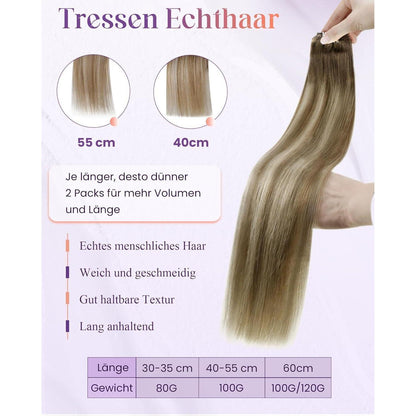 Echthaar Tressen zum Einnähen Hellbraun Balayage 40cm
