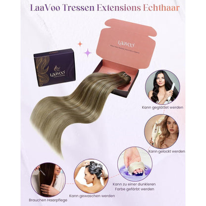 Echthaar Tressen zum Einnähen Hellbraun Balayage 40cm