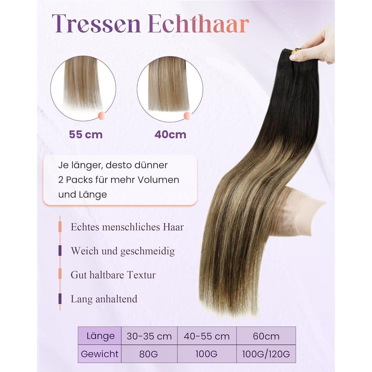Echthaar Tressen Ombre Braun Schwarz Dunkelbraun 35cm