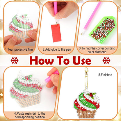 12er Set Weihnachten 5D Diamond Painting Anhänger für Kinder DIY Schlüsselanhänger