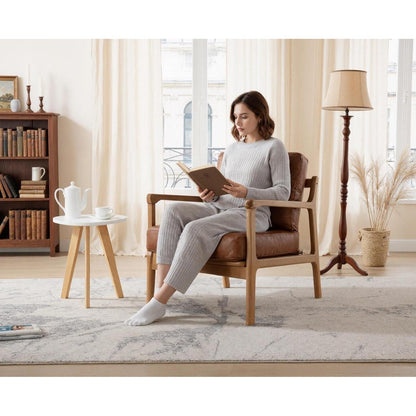 Ohrensessel Braun – Wohnzimmer Lounge Sessel mit Holzrahmen in Lederoptik