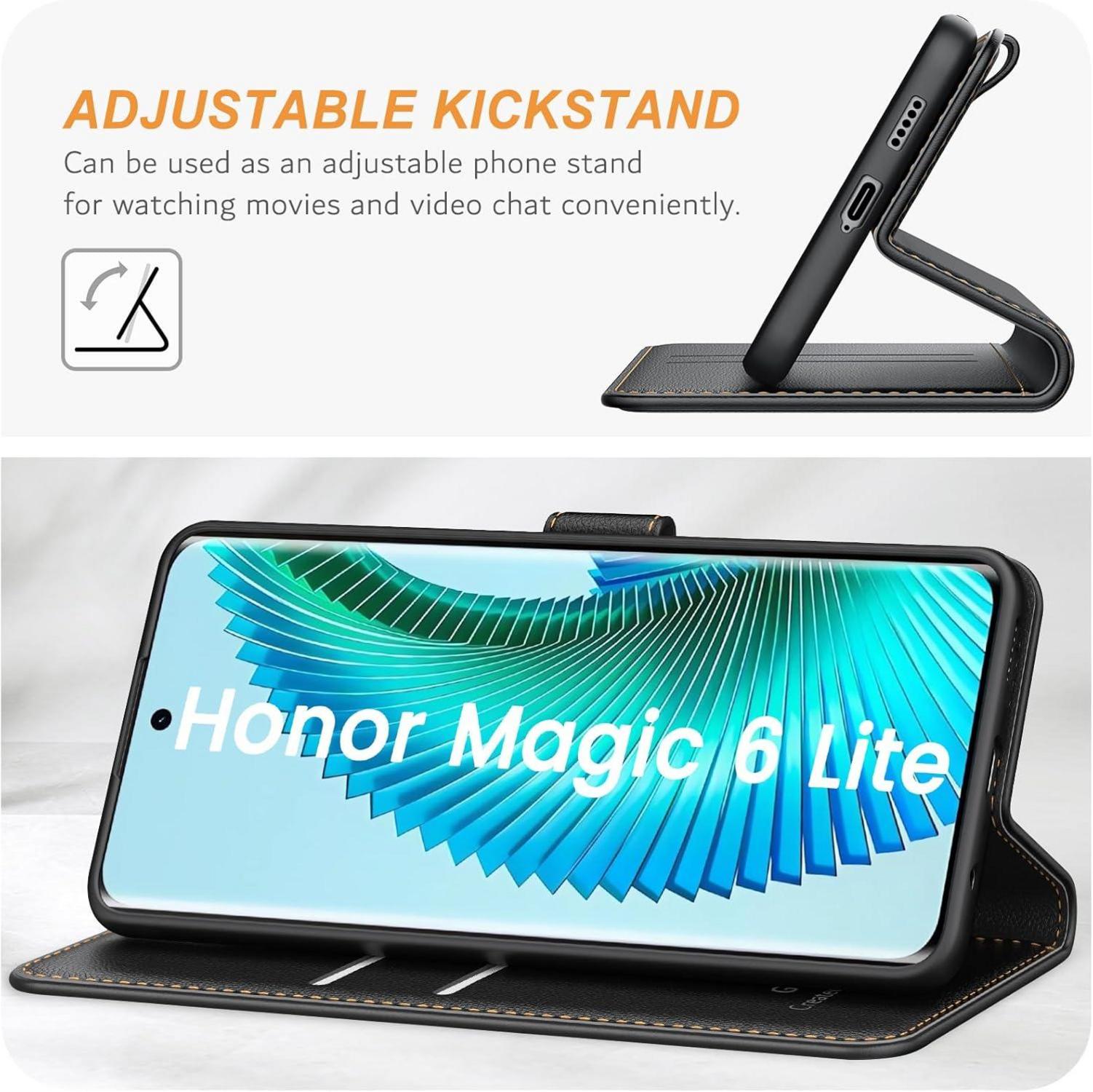 Honor Magic6 Lite Handyhülle Leder Klapphülle Schwarz