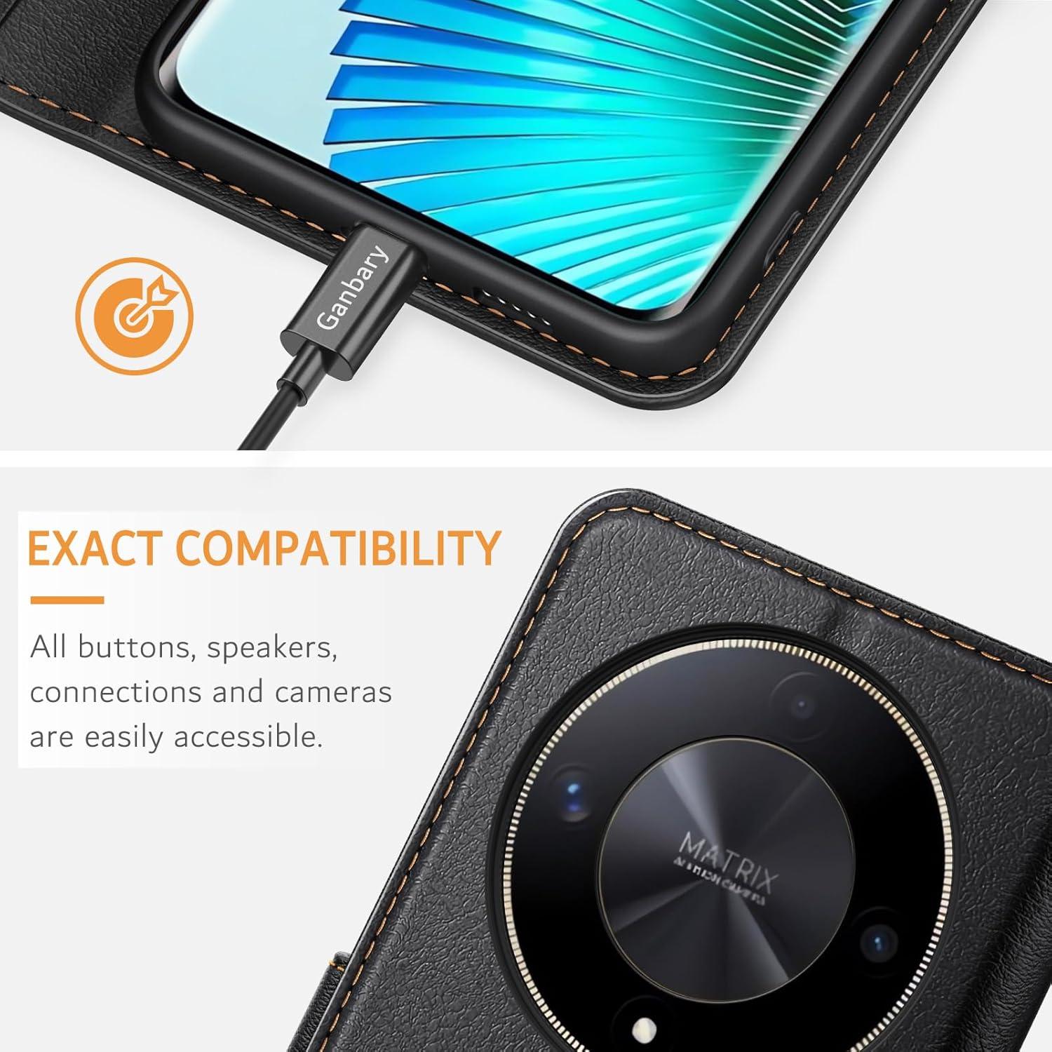 Leder Handyhülle Honor Magic6 Lite Schwarz Kartenfächer Magnetverschluss