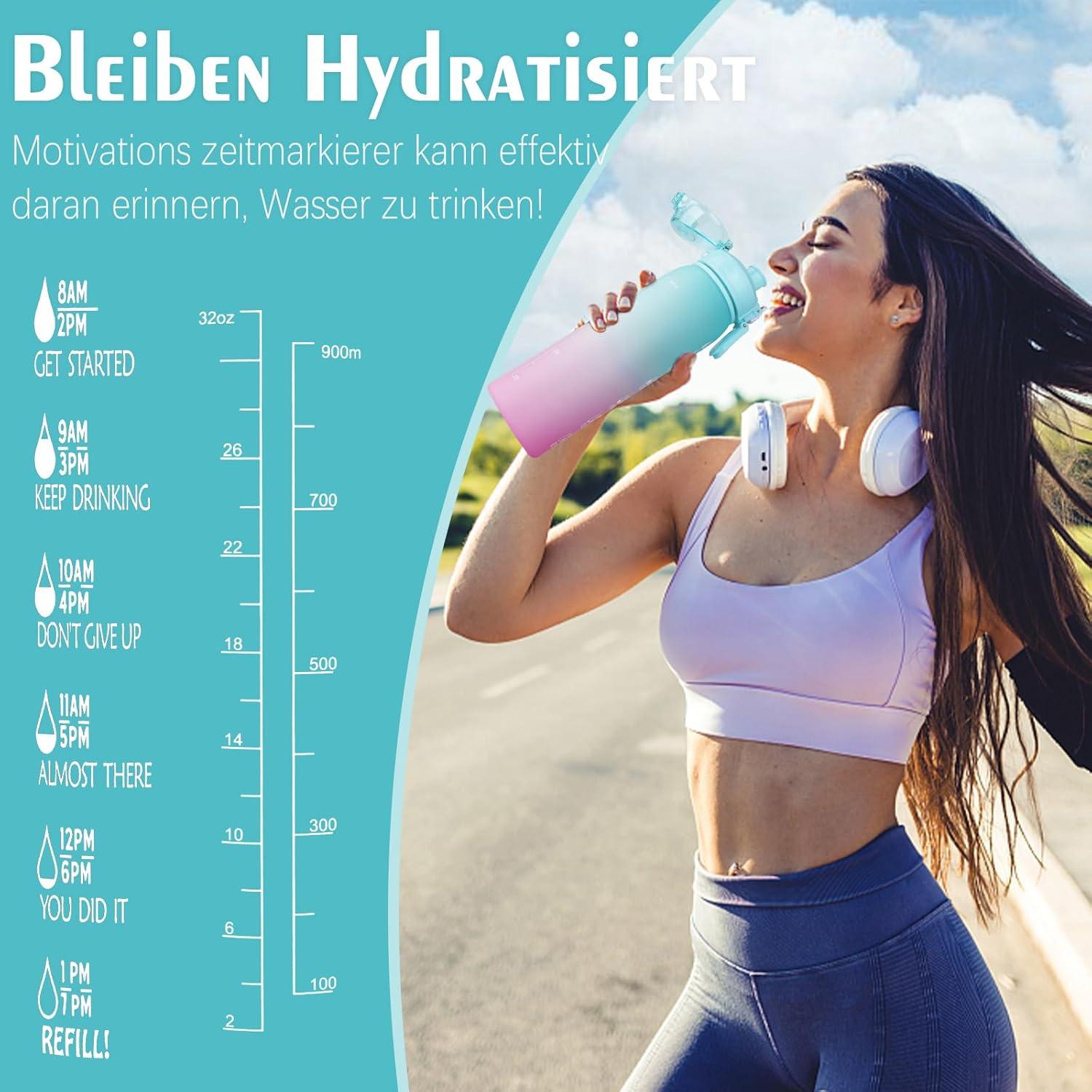 1L BPA-freie Trinkflasche mit Zeitmarkierung für Sport Büro Outdoor Blau Pink