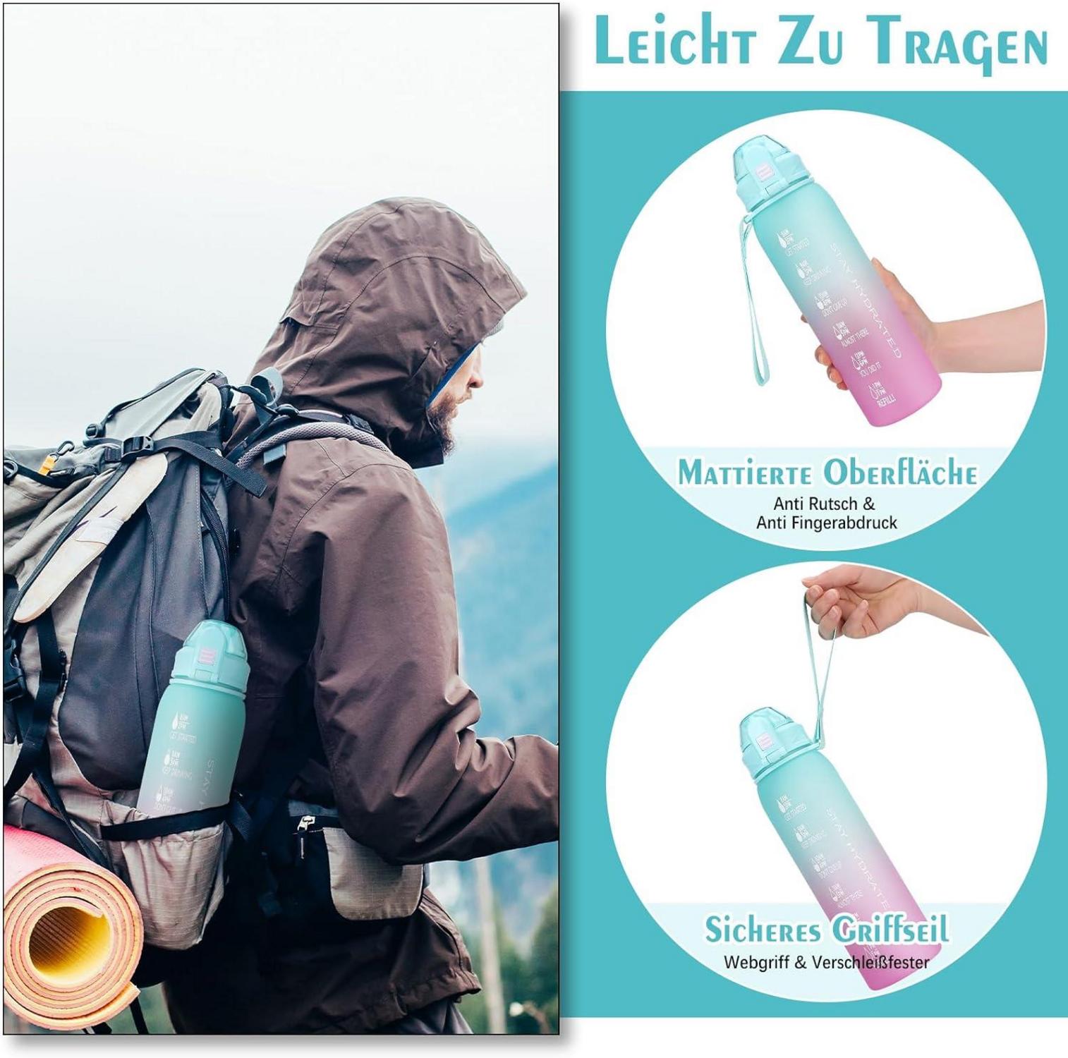 Trinkflasche 1l BPA-Frei Sport Auslaufsicher Zeitmarkierung Blau Rosa