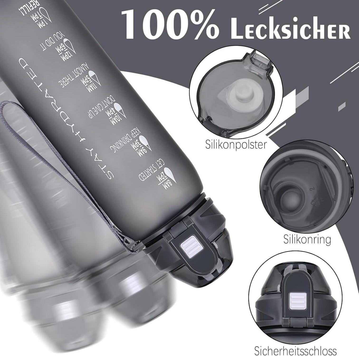 Trinkflasche 1l BPA-frei Auslaufsicher Zeitmarkierung Sport Grau
