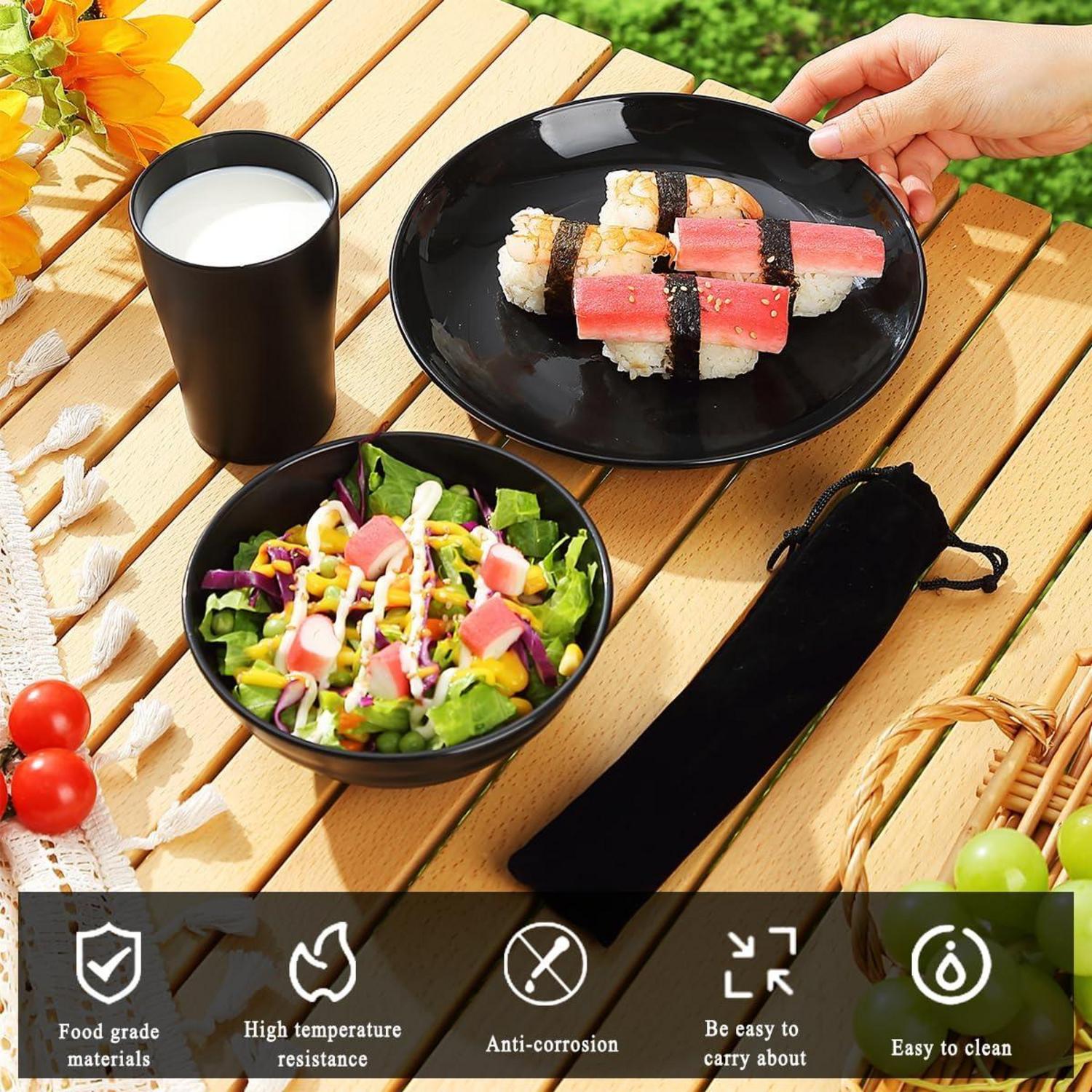 Kyraton Camping Besteck Set mit Teller, Schalen, Becher & Edelstahlbesteck