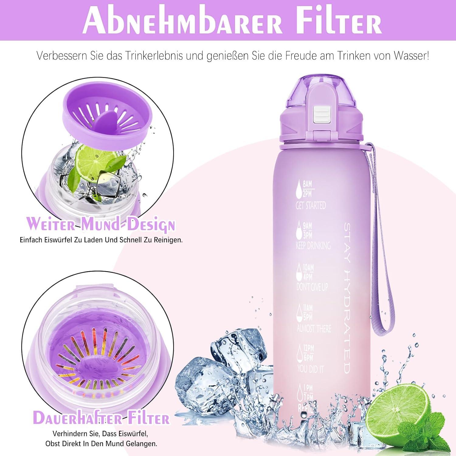 Trinkflasche 1l BPA-frei Auslaufsicher Zeitmarkierung Sport