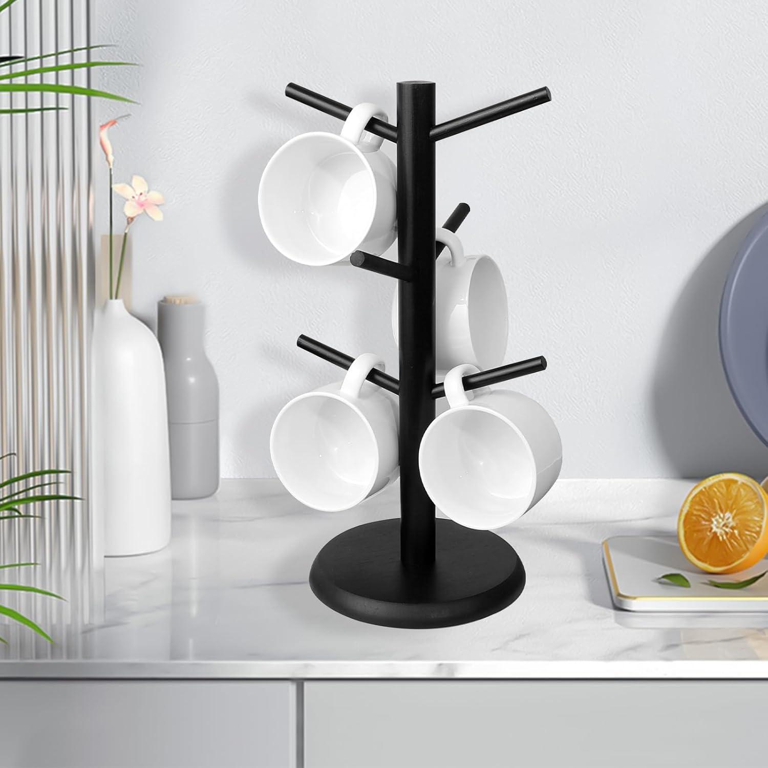 Kaffeebecherhalter aus Bambus mit 6 Haken Schwarz, Organizer