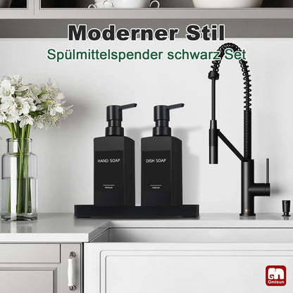 Moderner Seifenspender Set Schwarz Glas mit Tablett