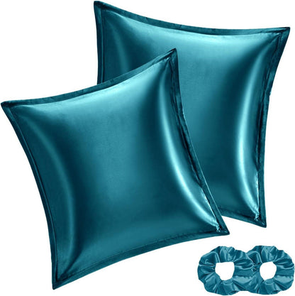 Satin Kissenbezug 60x60 Petrol 2er-Set mit Haargummis