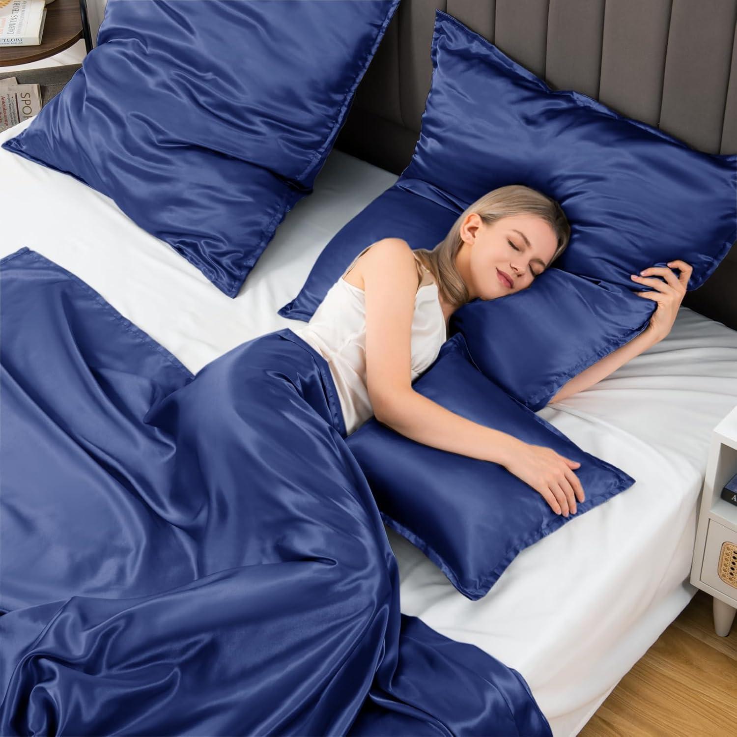 Satin Kissenbezug 65x65 Dunkelblau 2er Set Haargummis