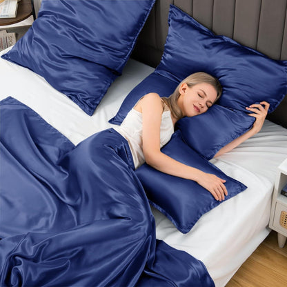 Satin Kissenbezug 65x65 Dunkelblau 2er Set Haargummis