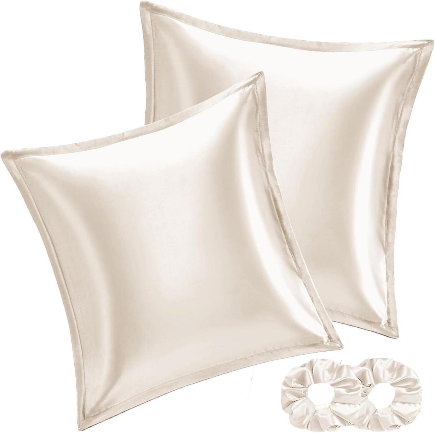 Satin Kissenbezug 60x60 Beige 2er Set mit Haargummis