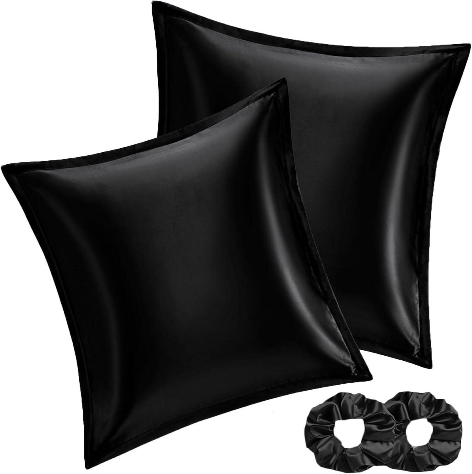 Satin Kissenbezug 2er Set Schwarz 60x60 Haarschutz Reißverschluss