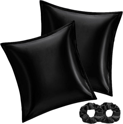Satin Kissenbezug 2er Set Schwarz 60x60 Haarschutz Reißverschluss
