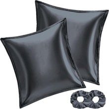 Satin Kissenbezug 65x65 Dunkelgrau 2er Set mit Haargummis