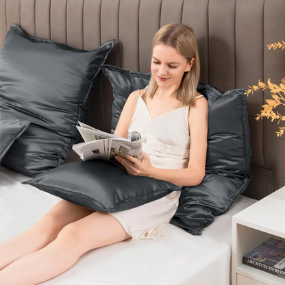 Satin Kissenbezug 65x65 Dunkelgrau 2er Set mit Haargummis