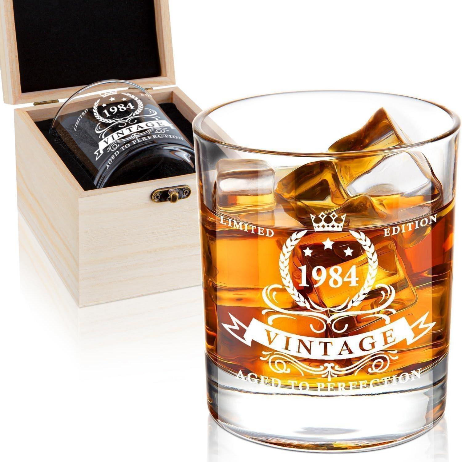 40. Geburtstag Geschenk Whiskyglas 1984 Holzkiste Ginbourbon 360ml