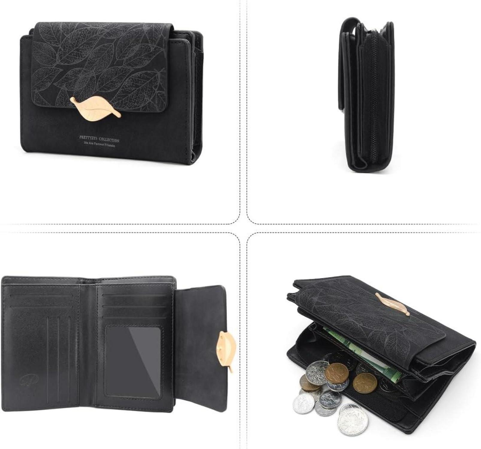 Geldbörse Damen Klein PU Leder mit vielen Fächern und Zipper Schwarz