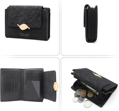 Geldbörse Damen Klein PU Leder mit vielen Fächern und Zipper Schwarz