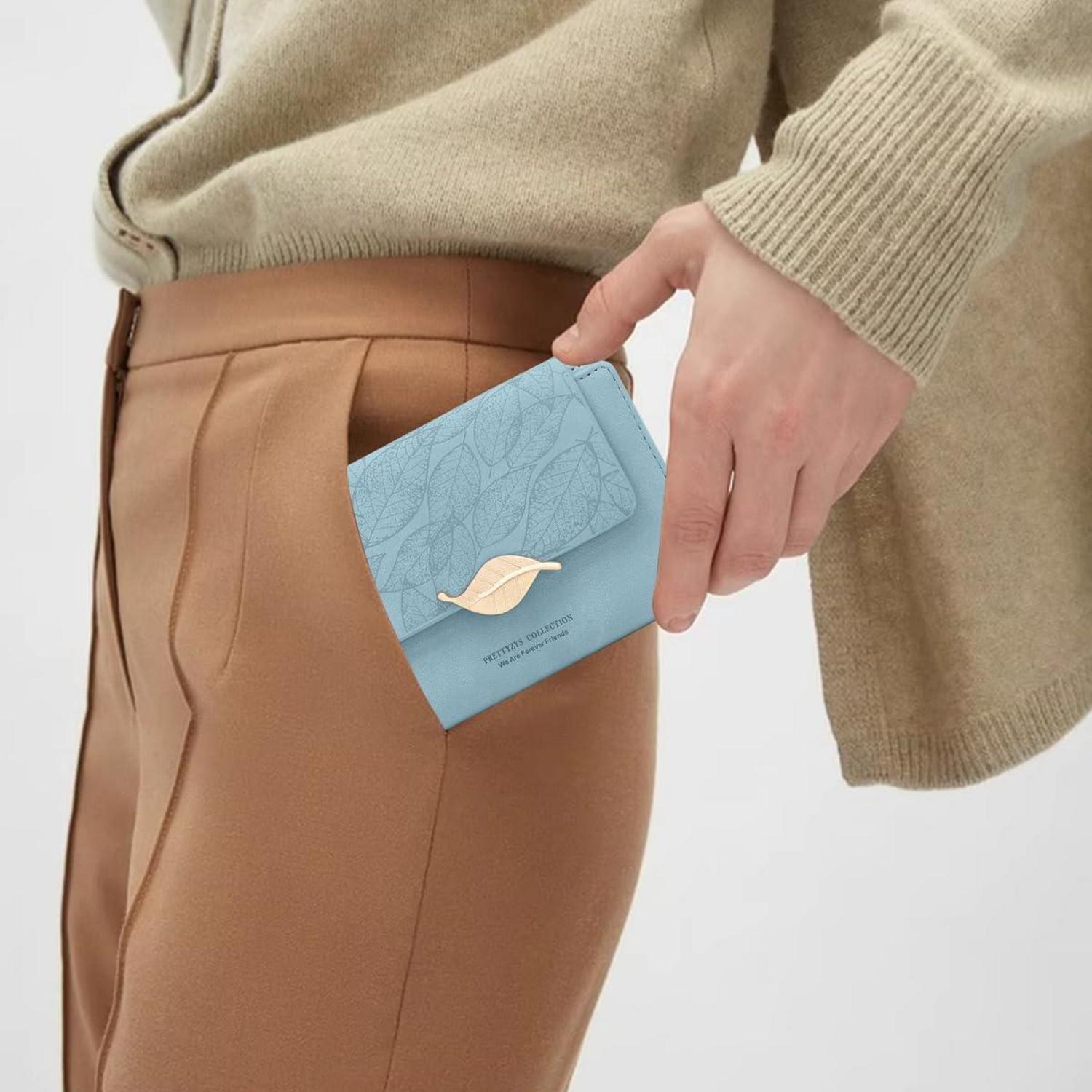 Damen Geldbörse Klein PU Leder Portemonnaie Blau mit Zipper
