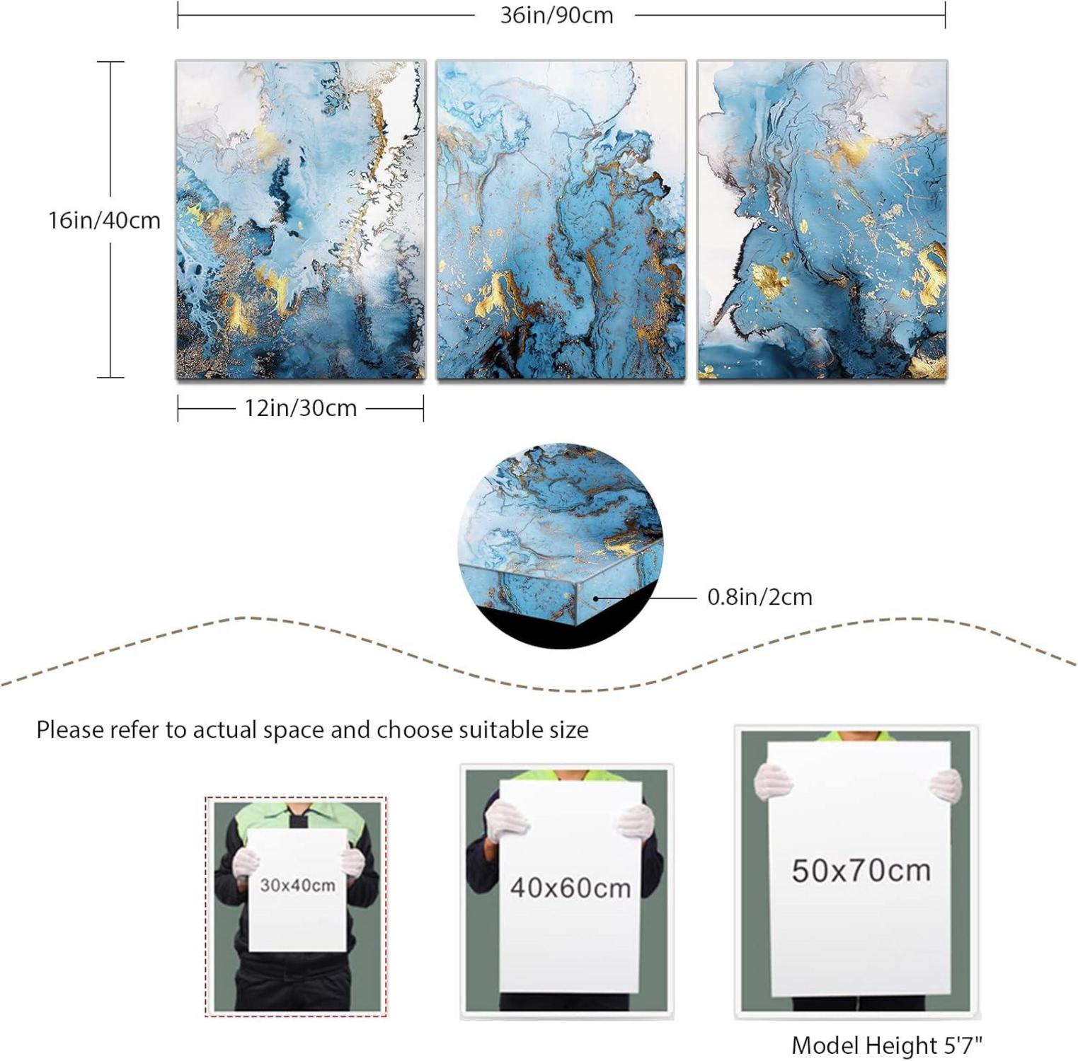 Abstraktes Wandbild Blau Gold Leinwand 40x30cm - Nordischer Marmor Design