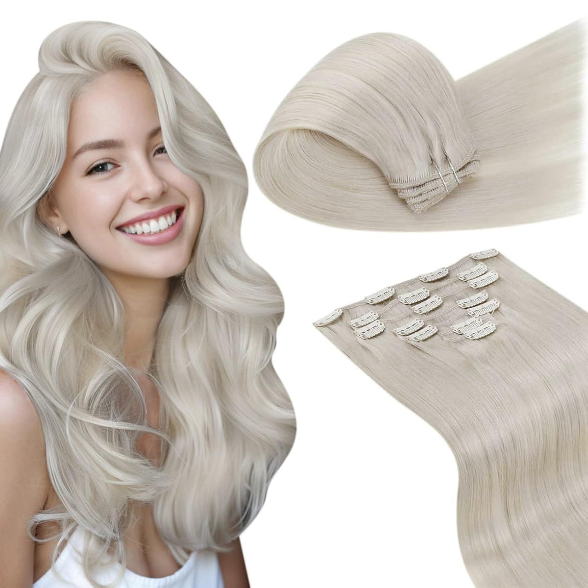 Blond Clip in Haarverlängerung Echthaar 60cm Platinblond