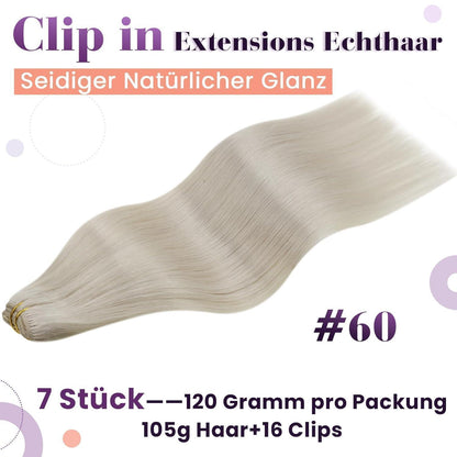 Blond Clip in Haarverlängerung Echthaar 60cm Platinblond