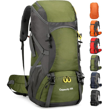 50L Wanderrucksack mit Regenhülle, Trekking- und Campingrucksack, Braun