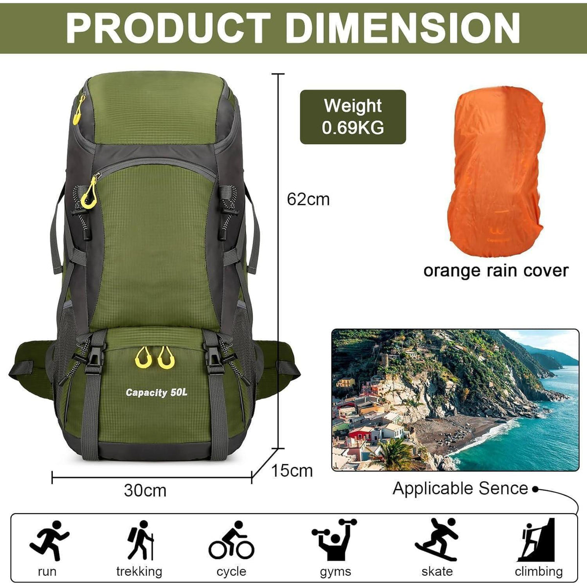 50L Wanderrucksack mit Regenhülle, Trekking- und Campingrucksack, Braun