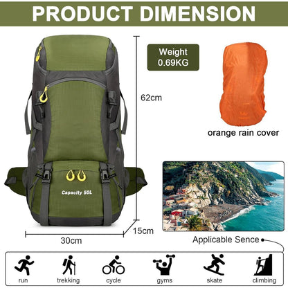 50L Wanderrucksack mit Regenhülle, Trekking- und Campingrucksack, Braun