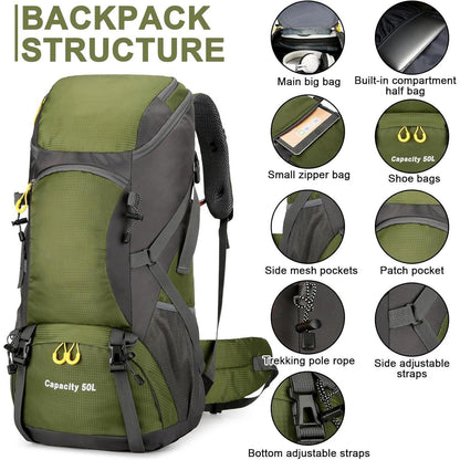50L Wanderrucksack mit Regenhülle, Trekking- und Campingrucksack, Braun