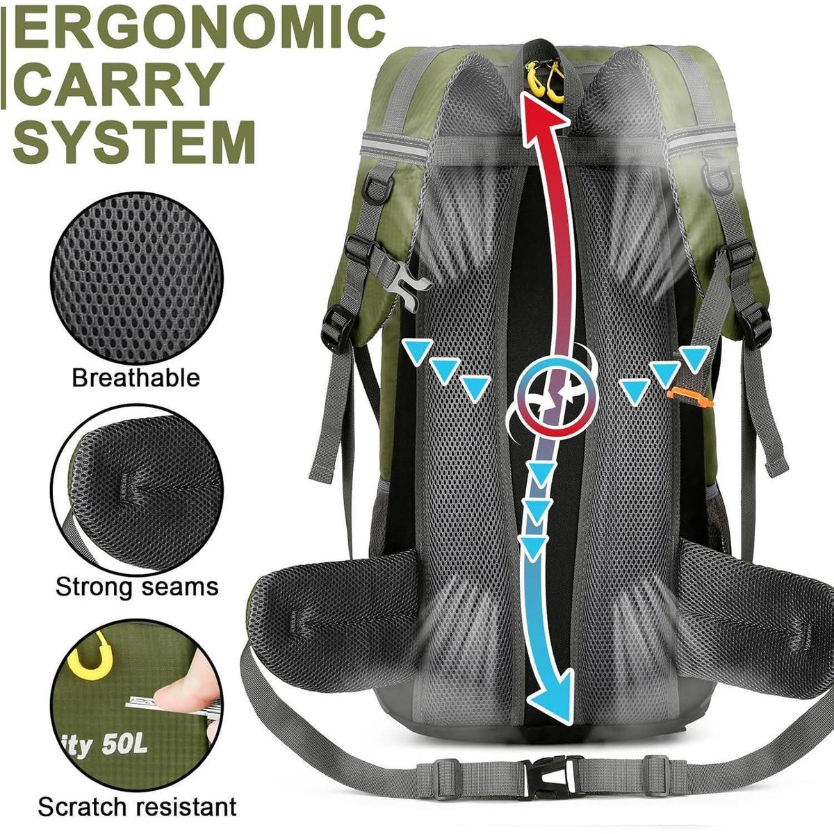 50L Wanderrucksack mit Regenhülle, Trekking- und Campingrucksack, Braun