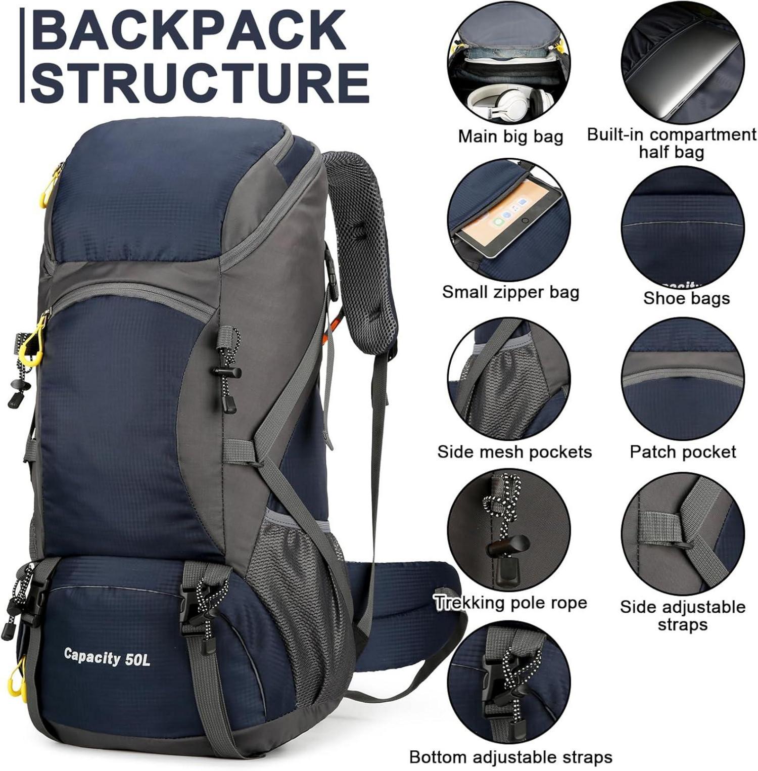 Wanderrucksack 50L Trekkingrucksack Regenhülle Wasserdicht Campingrucksack Blau