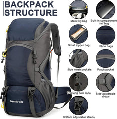 Wanderrucksack 50L Trekkingrucksack Regenhülle Wasserdicht Campingrucksack Blau
