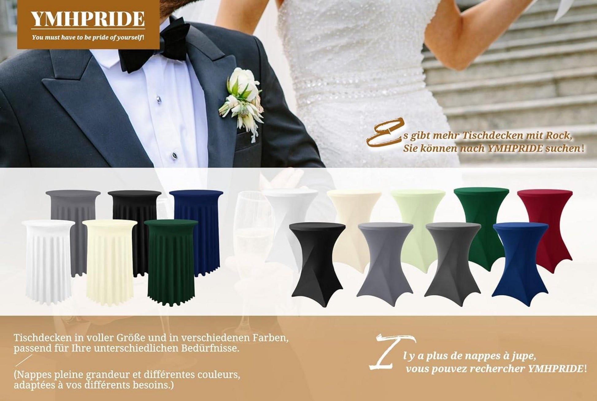 2er-Set Stretch Stehtisch Husse Elfenbein Ø 80-85 cm für Hochzeit Bankett