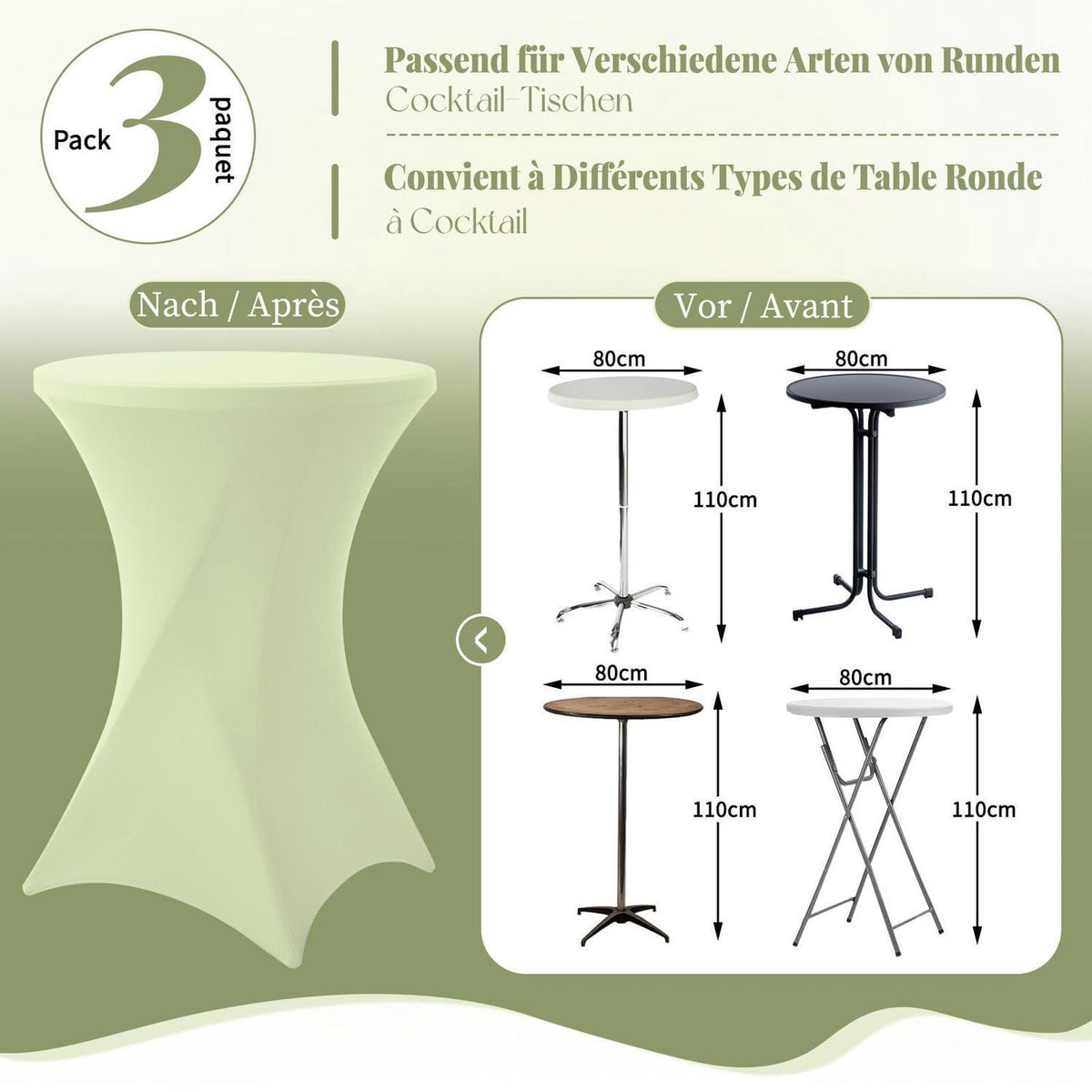 3er-Set Stretch Tischdecken Salbeigrün Ø 80-85 cm für Stehtische