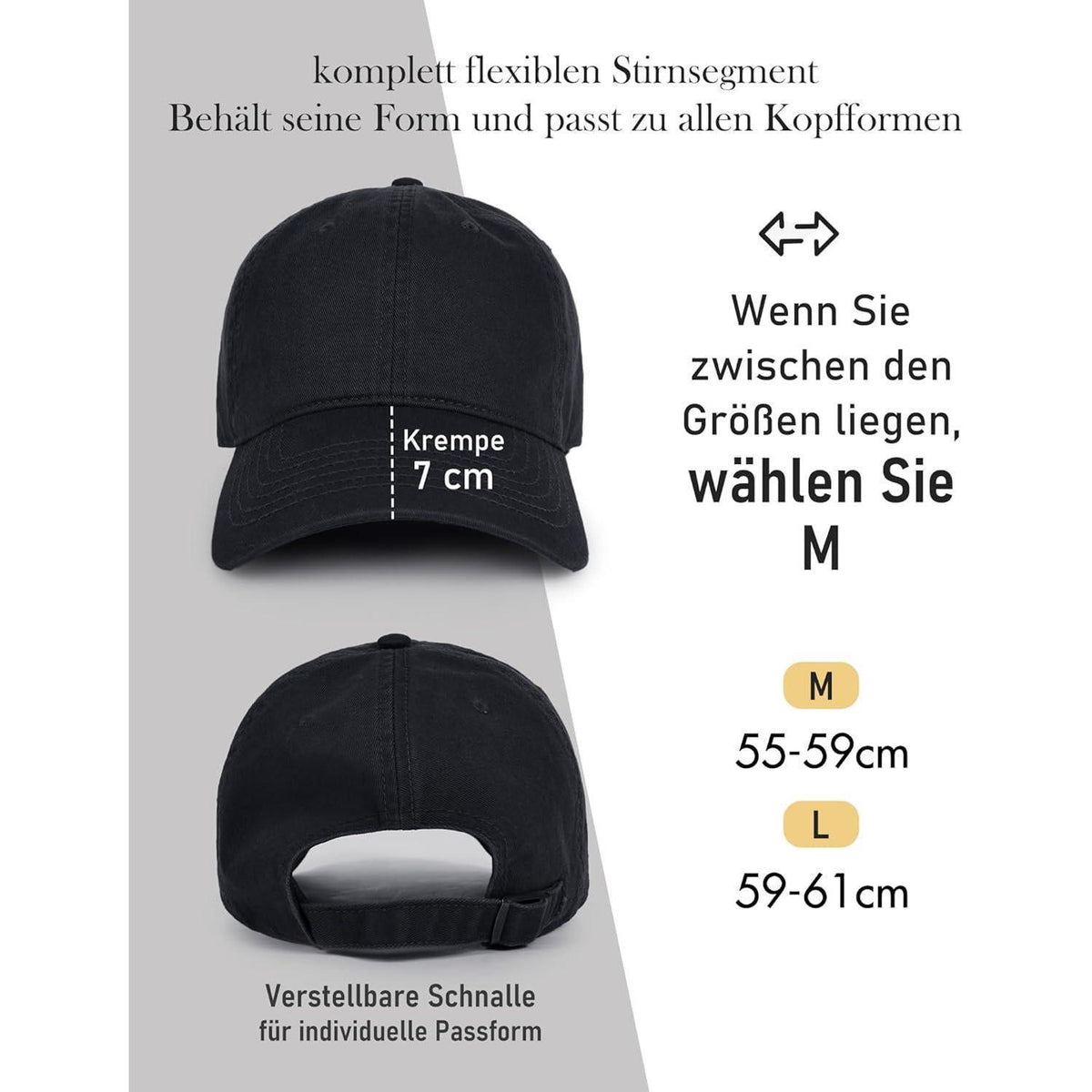Vintage Baumwoll Baseball Cap - Verstellbare Unisex Cap Schwarz M