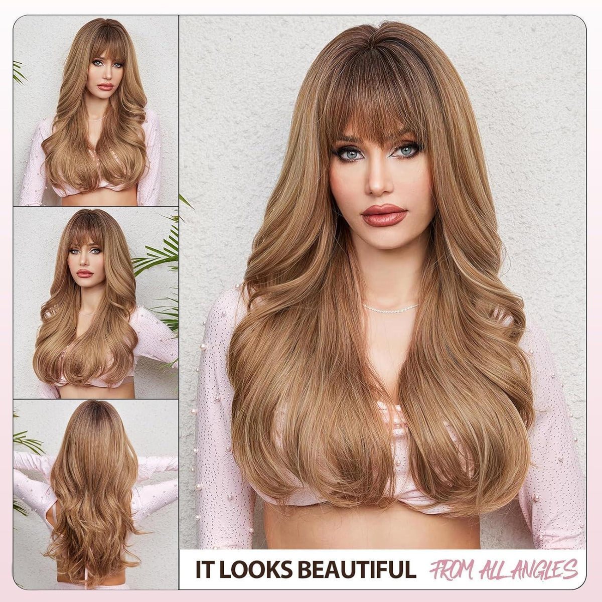 Ombre Blond Braun Lockenperücke mit Pony – Lang & Hitzebeständig