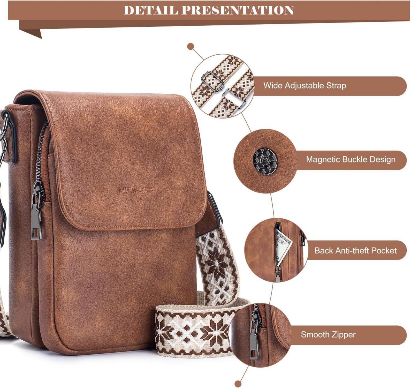 MUIIKOLA Damen Handytasche RFID Umhängetasche Leder große Kapazität Brown