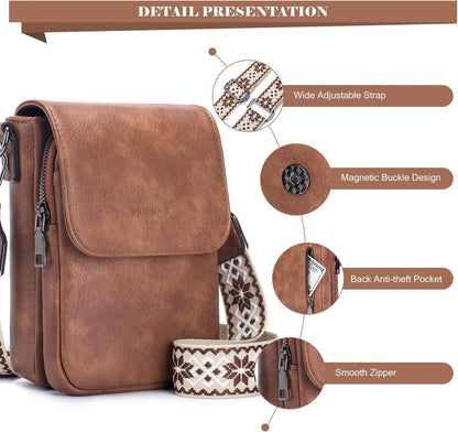 MUIIKOLA Damen Handytasche RFID Umhängetasche Leder große Kapazität Brown