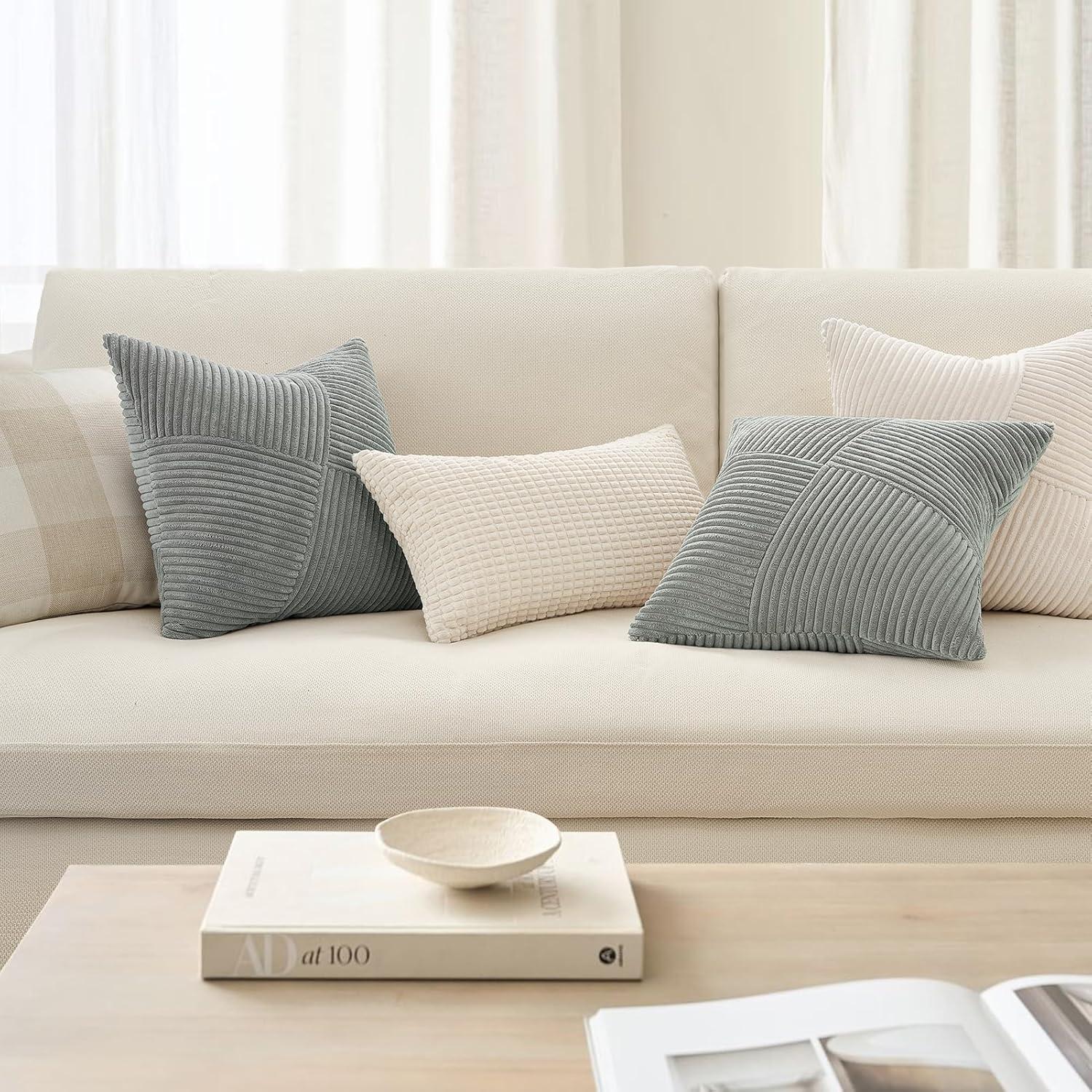 Kissenbezug 40x40 Grau Kordsamt Windmühle Patchwork Zierkissen Sofa